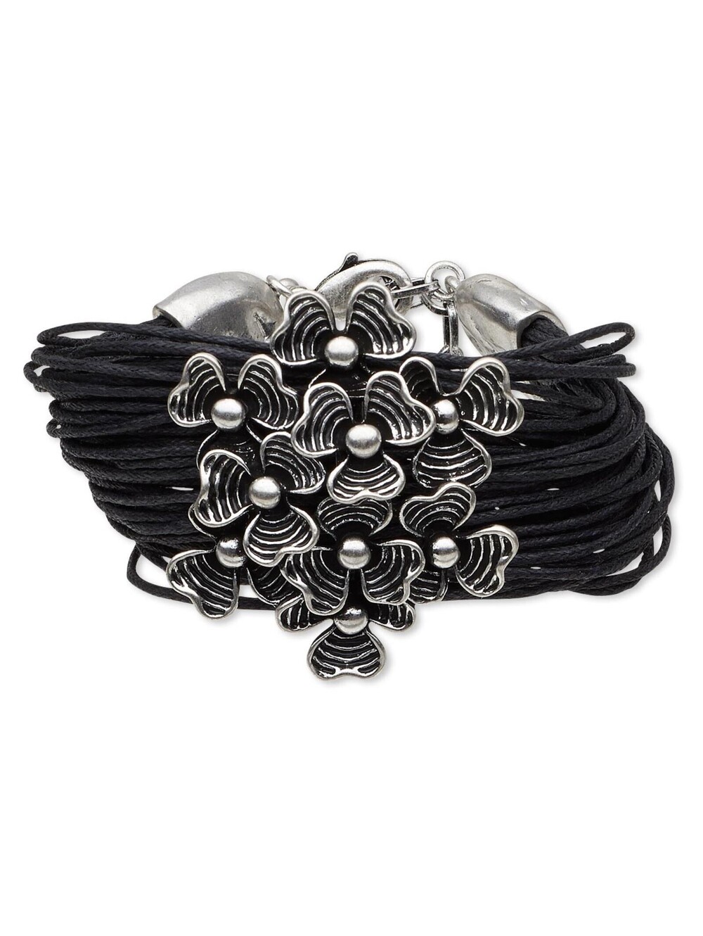 Modern Art Designer Statement Bracelet Antiqued Silver Heart Flowers on Black